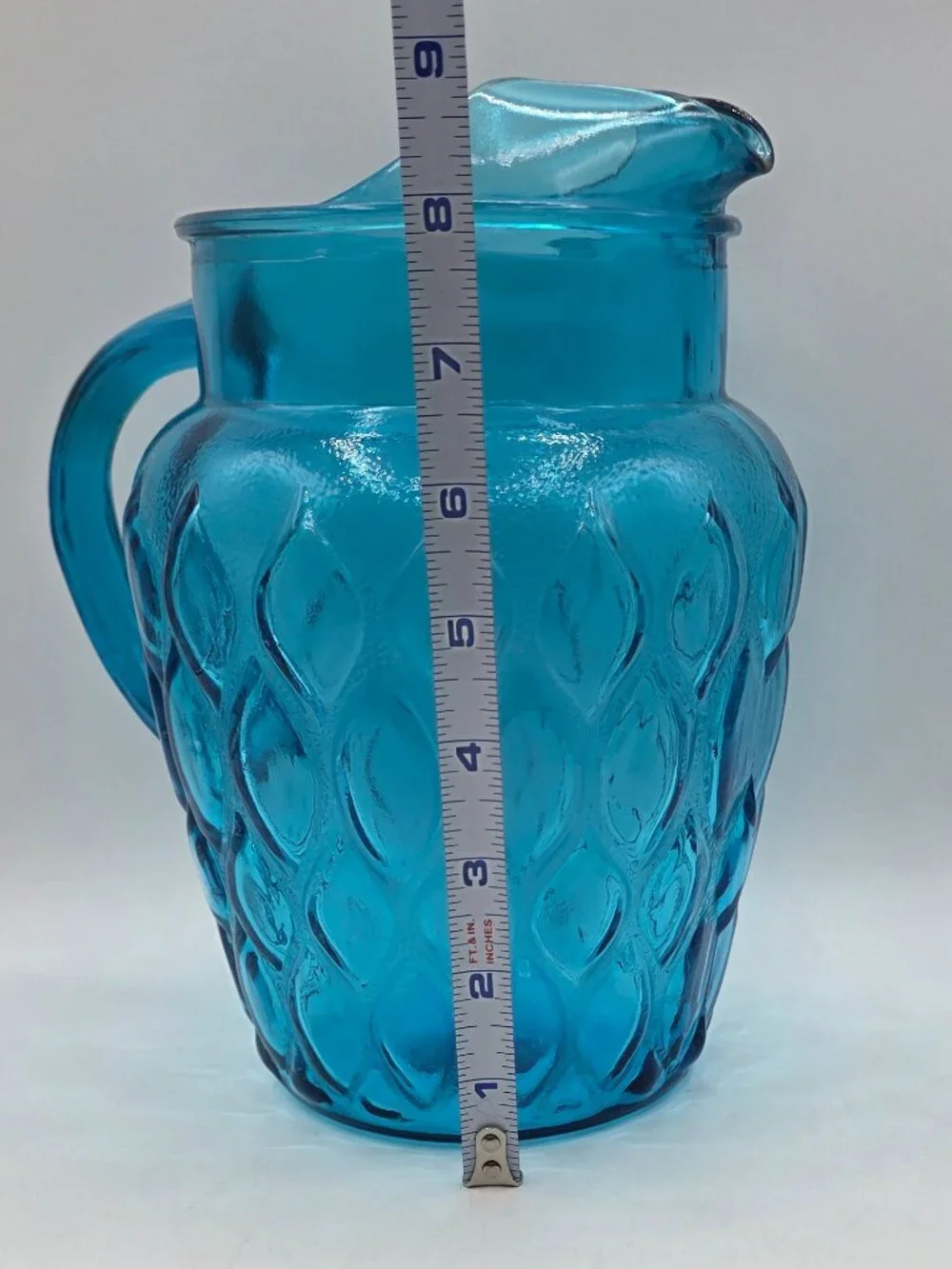 Vtg Anchor Hocking Madrid Laser Blue MCM Teardrop Glass Water Pitcher Ice Lip